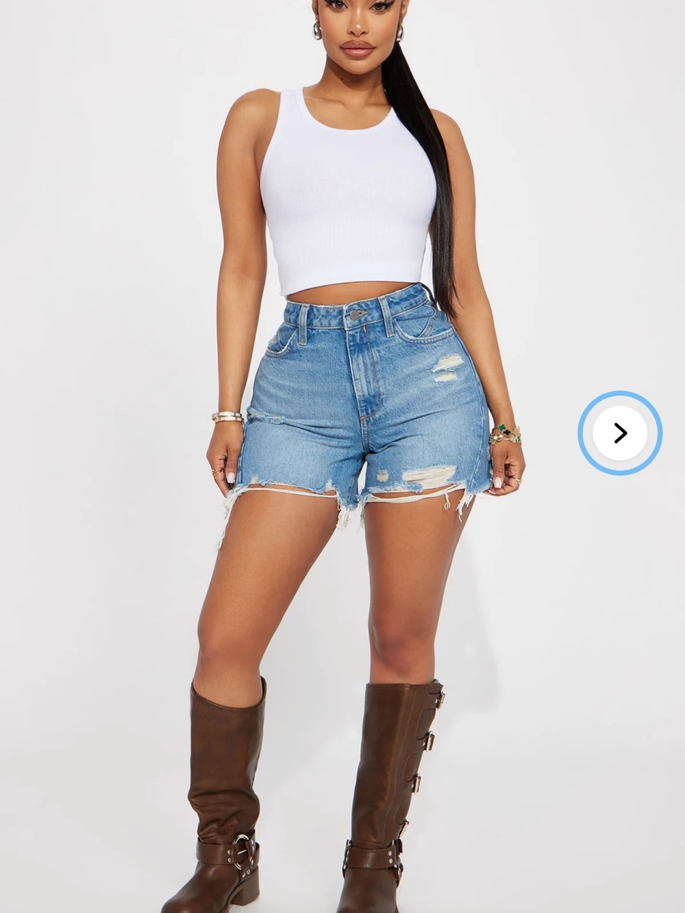 High-Rise Distressed Denim Women's Shorts - Blue 13